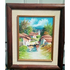 Artist Signed Oil painting Costa Rica Art Village Oxen Cart  Wall Decor
